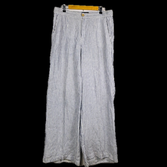 Tahari Womens Wide Leg 100% Linen Pants Sz 14 Blue White Stripe Beach Breathable - Picture 1 of 9